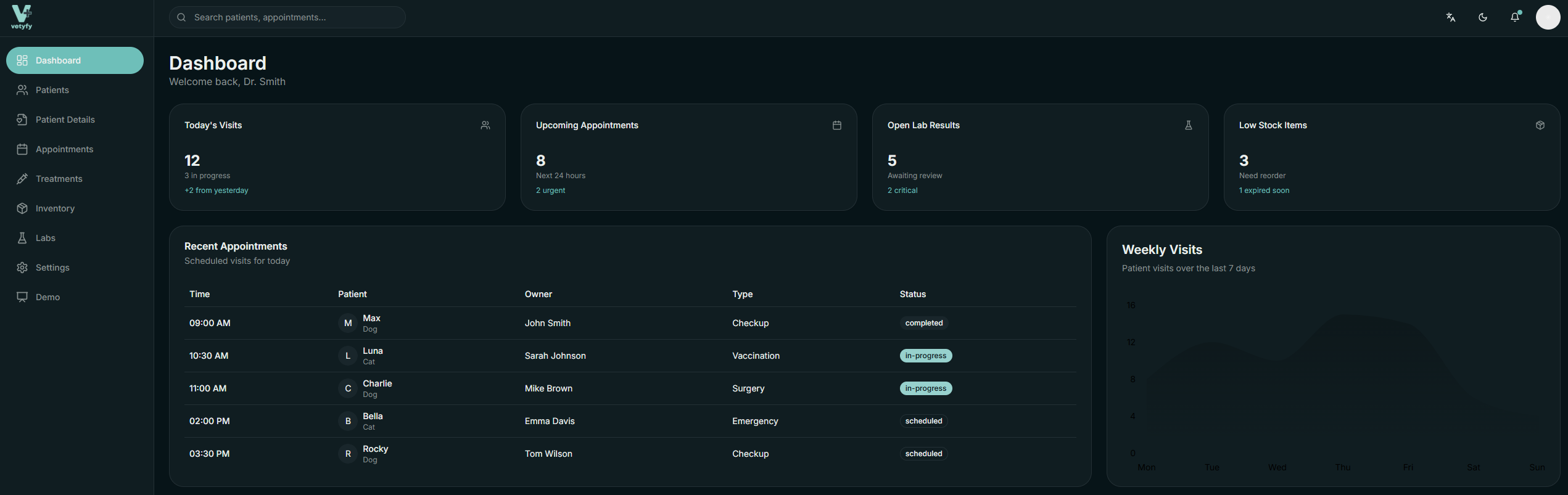 vetyfy dashboard preview showing patient management, appointments, and medical records interface