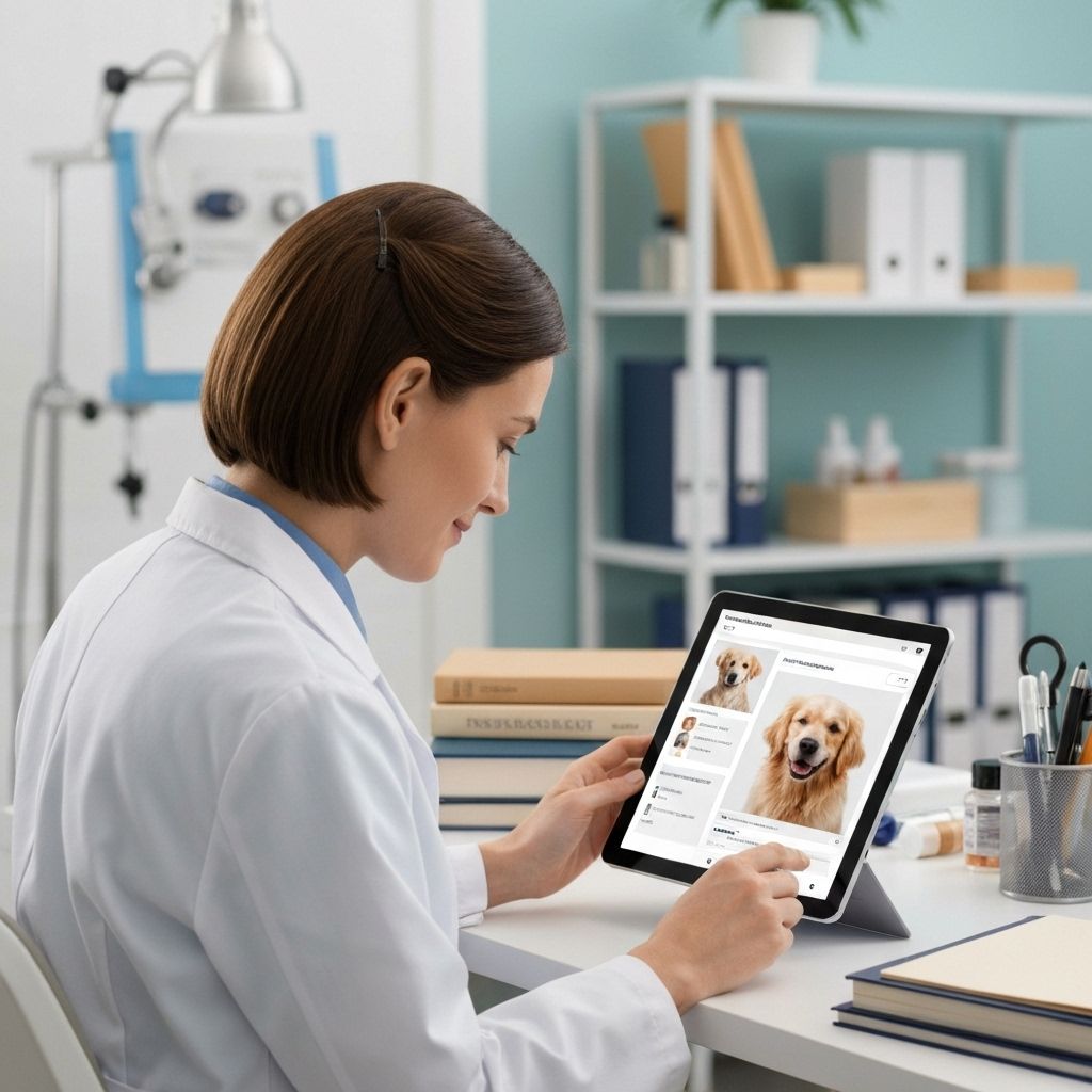 Professional veterinarian using vetyfy tablet application to access patient medical records and treatment history